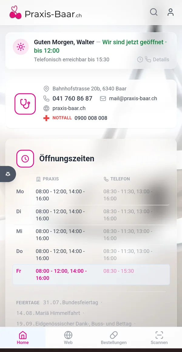 Übersicht — Das Patientenportal Ihrer Praxis: Termine, Bestellungen und Kontakt auf einen Blick.